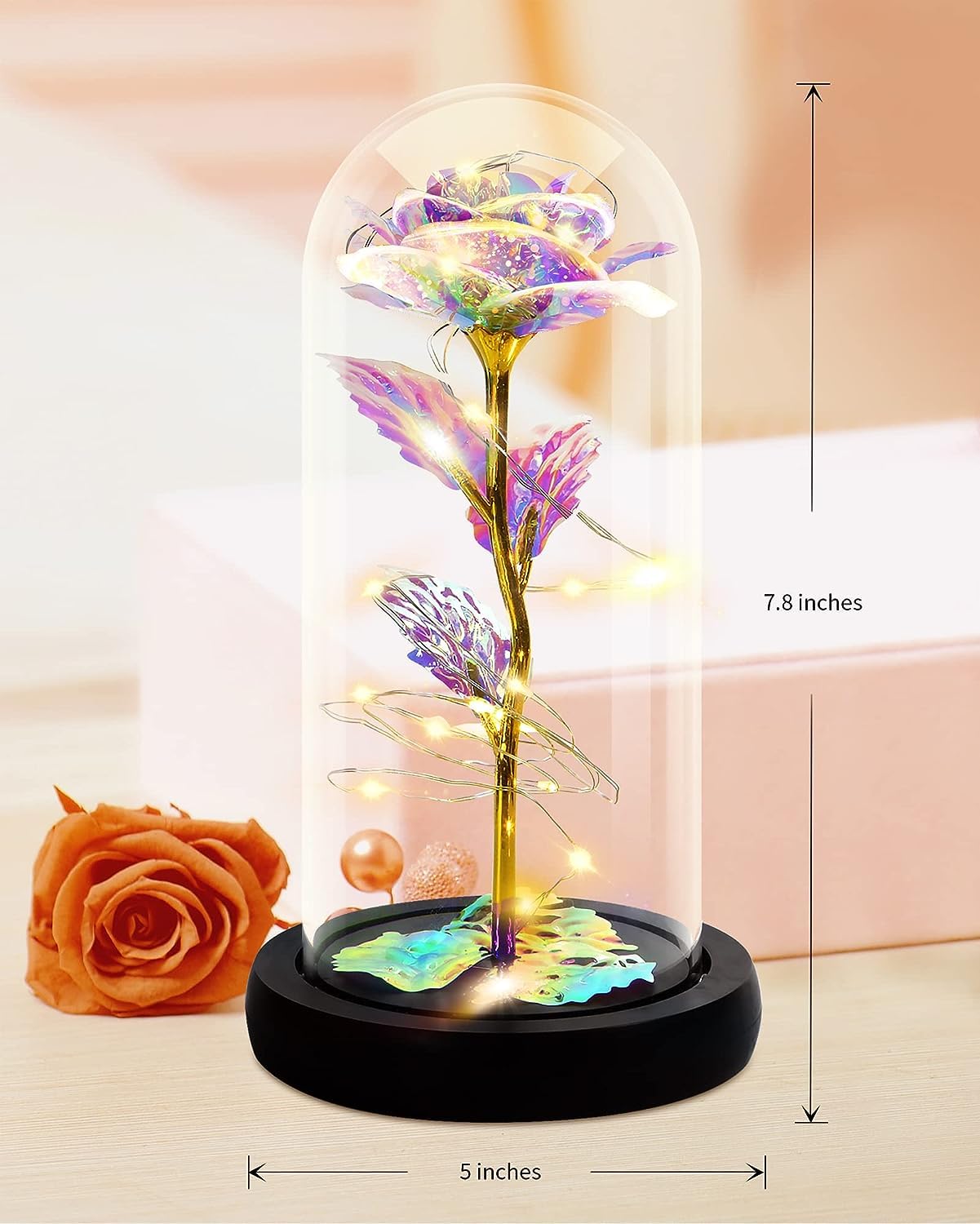 Rose Flower Gift, Rainbow Forever Rose in Glass Dome