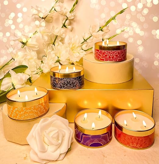 DeBelle Luxe Scented Soy Wax Candle Combo Pack of 5 | Best Gift for Home, Office | 3 Wick Candle | Aromatherapy Candle| Floral| Reusable Tin