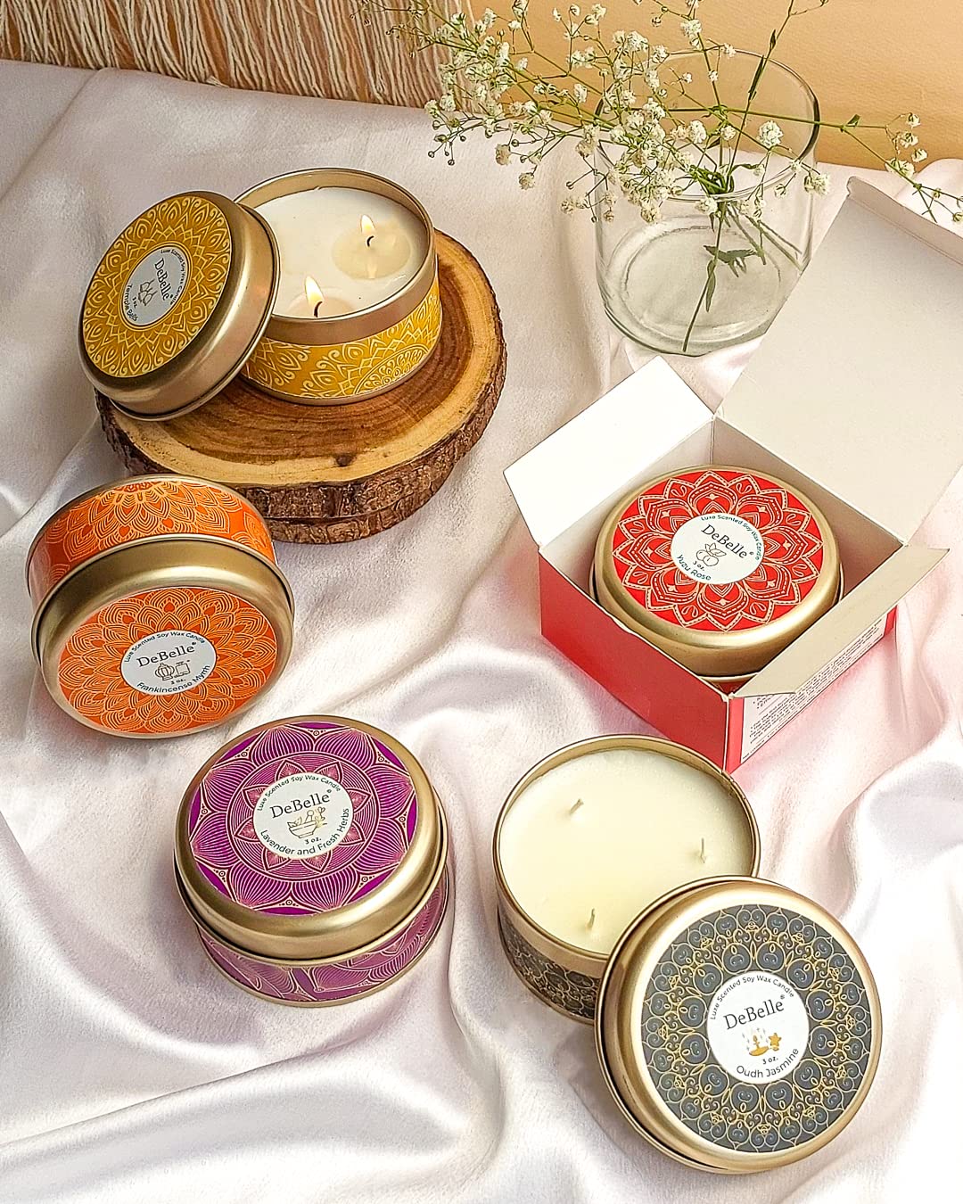 DeBelle Luxe Scented Soy Wax Candle Combo Pack of 5 | Best Gift for Home, Office | 3 Wick Candle | Aromatherapy Candle| Floral| Reusable Tin